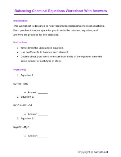 Balancing Chemical Equations Worksheet With Answers