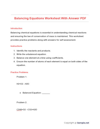 Balancing Equations Worksheet With Answer PDF