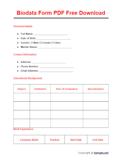 Biodata Form PDF Free Download