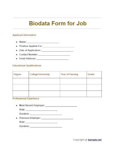 Biodata Form for Job