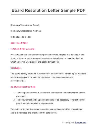Board Resolution Letter Sample PDF