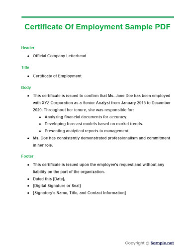 Certificate Of Employment Sample PDF
