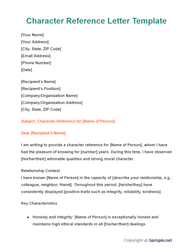 Character Reference Letter Template