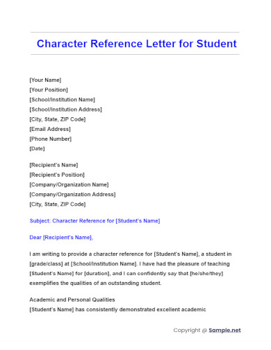 Character Reference Letter for Student