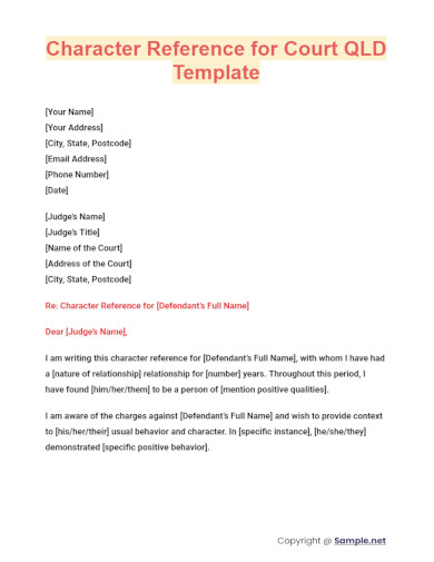 Character Reference for Court QLD Template