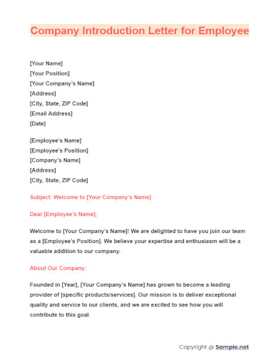 Company Introduction Letter for Employee