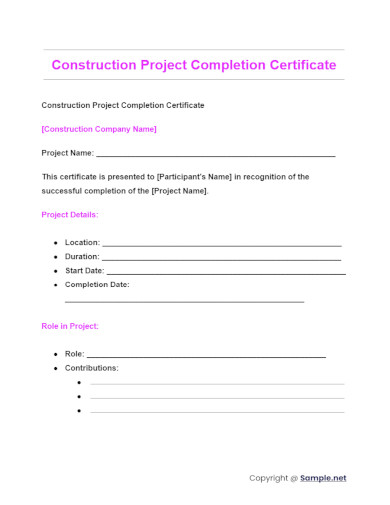 Construction Project Completion Certificate