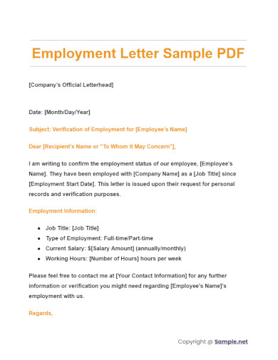 Employment Letter Sample PDF