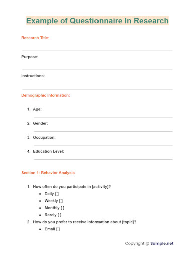 Example of Questionnaire In Research