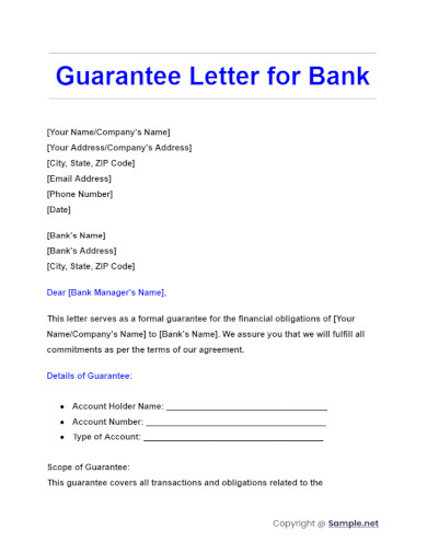 Guarantee Letter for Bank