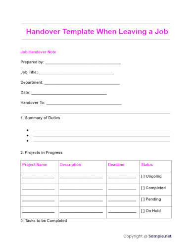 Handover Template When Leaving a Job