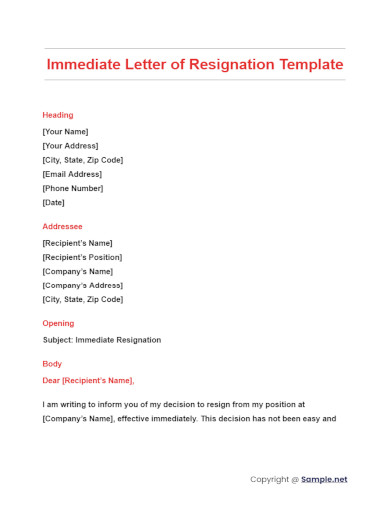 Immediate Letter of Resignation Template