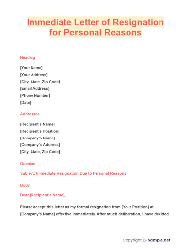 Immediate Letter of Resignation for Personal Reasons