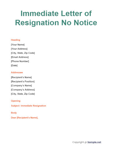 Immediate Letter of Resignation no Notice