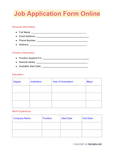 Job Application Form Online