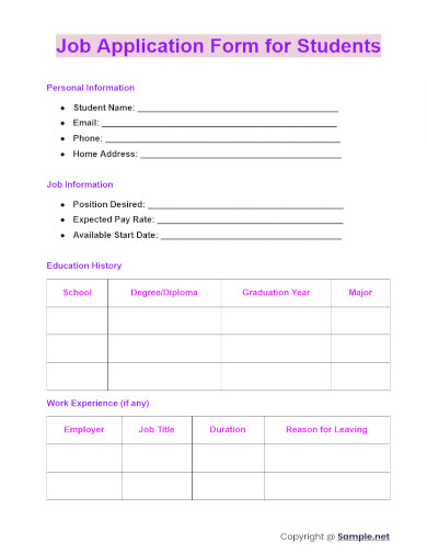 Job Application Form for Students