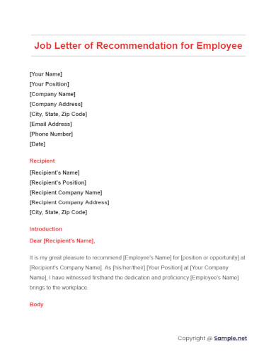 Job Letter of Recommendation for Employee