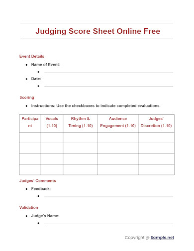 Judging Score Sheet Online Free