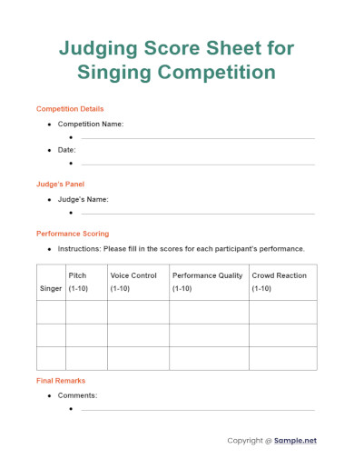 Judging Score Sheet for Singing Competition