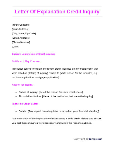 Letter Of Explanation Credit Inquiry