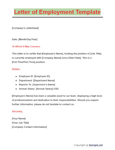 Letter of Employment Template