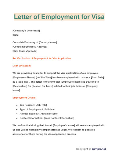 Letter of Employment for Visa