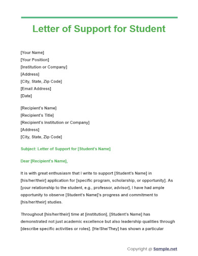 Letter of Support for Student