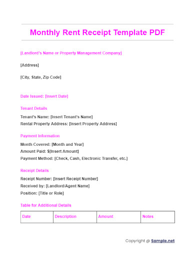 Monthly Rent Receipt Template PDF