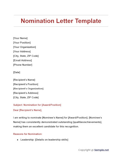 Nomination Letter Template