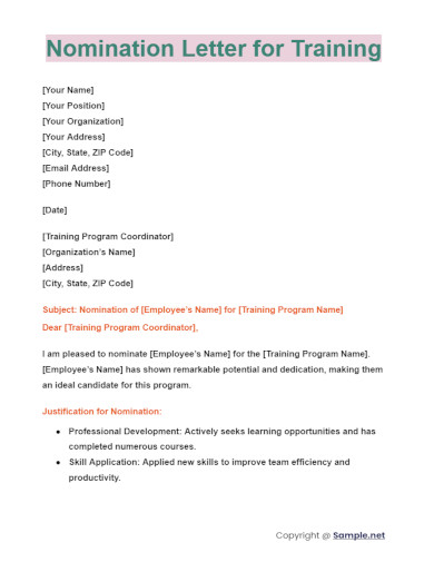 Nomination Letter for Training