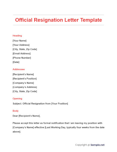 Official Resignation Letter Template