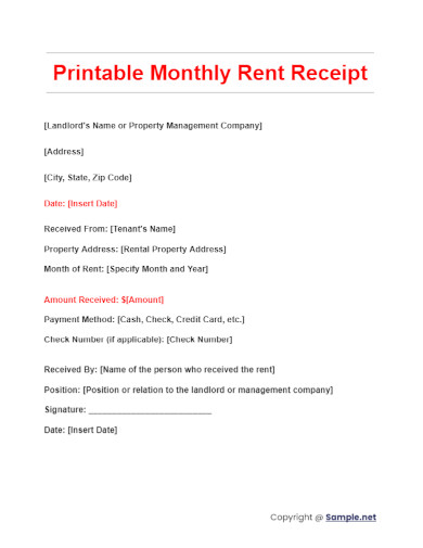 Printable Monthly Rent Receipt
