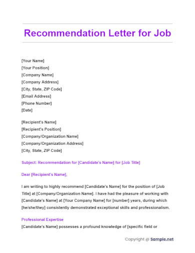 Recommendation Letter for Job