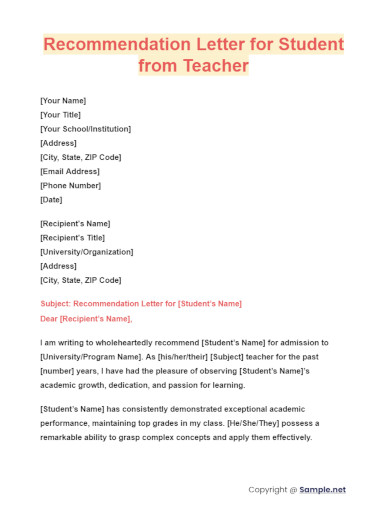 Recommendation Letter for Student from Teacher