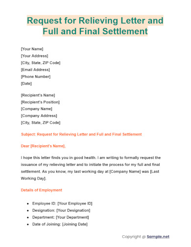 Request for Relieving Letter and Full and Final Settlement