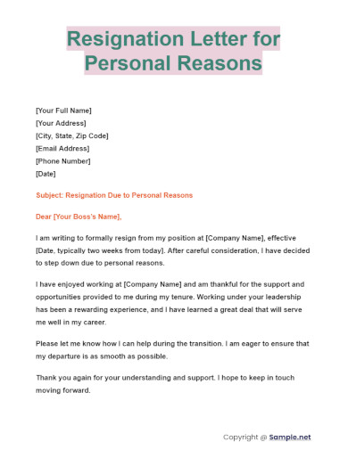 Resignation Letter for Personal Reasons