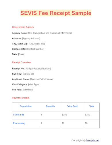 SEVIS Fee Receipt Sample