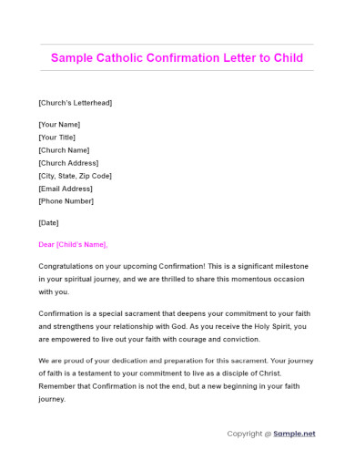 Sample Catholic Confirmation Letter to Child