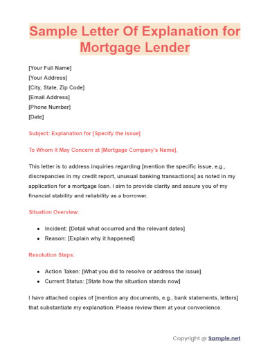 Sample Letter Of Explanation for Mortgage Lender