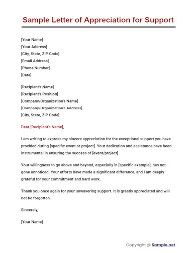 Sample Letter of Appreciation for Support