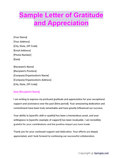 Sample Letter of Gratitude and Appreciation