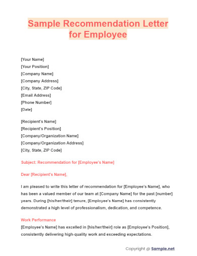 Sample Recommendation Letter for Employee