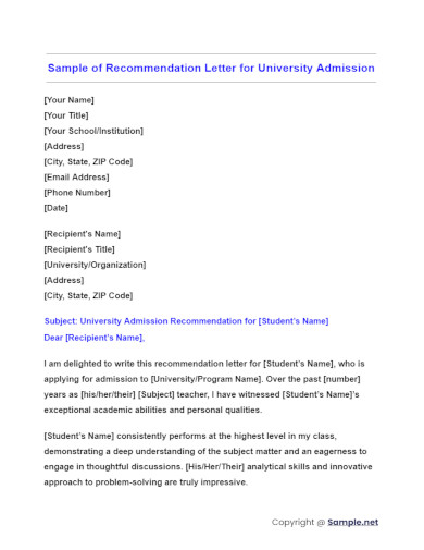 Sample of Recommendation Letter for University Admission