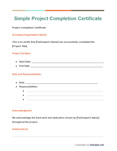 Simple Project Completion Certificate