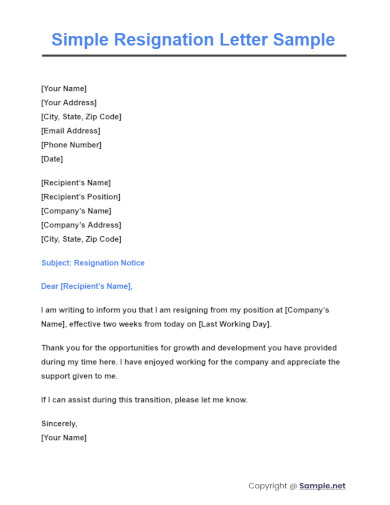 33+ SAMPLE Standard Job Resignation Letter Templates in PDF | MS Word