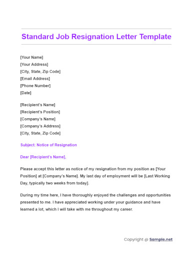 Standard Job Resignation Letter template