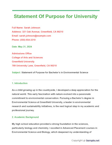 Statement Of Purpose for University