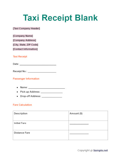 Taxi Receipt Blank