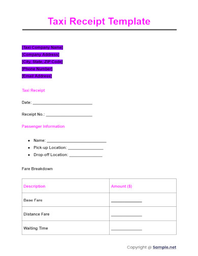 Taxi Receipt Template