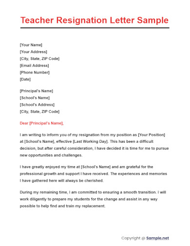 Teacher Resignation Letter Sample